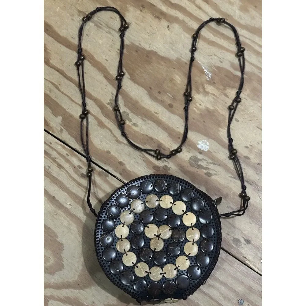 Coconut Shell Crossbody Purse Hobo Bag Tropical Vintage‎ 2 Zipper EUC